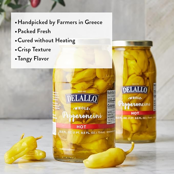 DeLallo Hot Greek Pepperoncini Whole Peppers 25.5 oz Jar Spicy Zesty Flavor Pickled Vegetables for Sandwiches and Snacking Non-GMO Kosher (6 Pack)