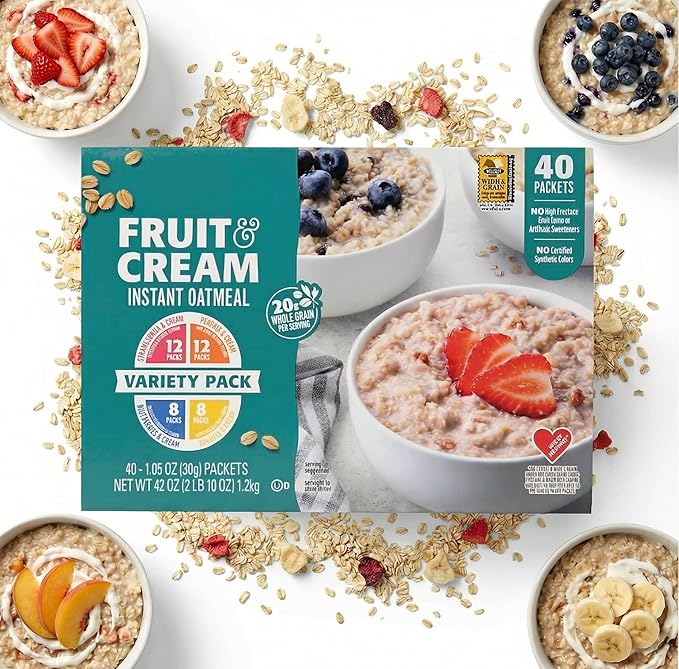 Instant Oatmeal Variety Pack Fruit &amp Cream 40 Packets 4 Flavors: Strawberries Bananas Peaches Blueberries Cream 1.05 oz Single Serve (1 Pack)