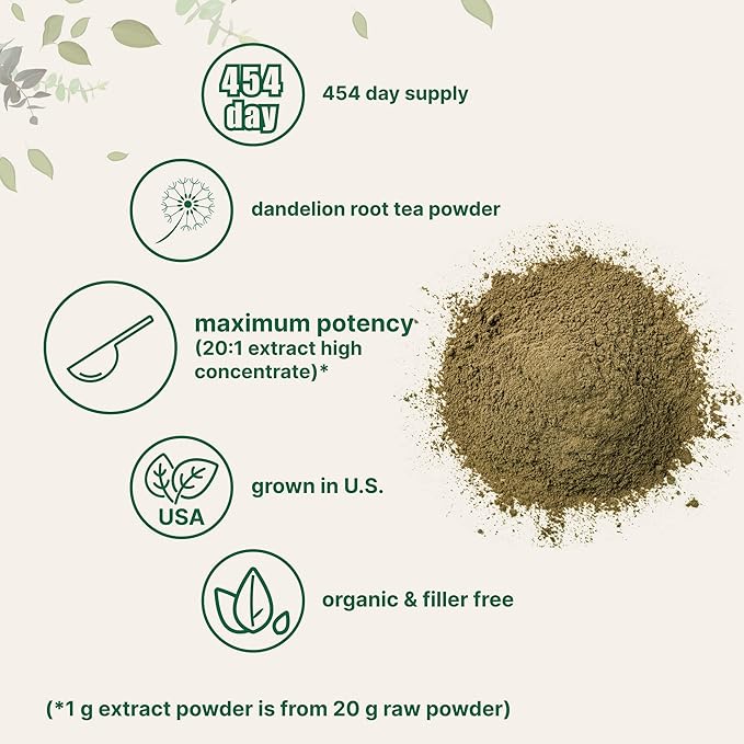 Organic Dandelion Root Tea Powder 1lb | Up to 450 Servings | Premium Source for Daily Beverage | 100% Pure Dandelion Supplement | Caffeine Free Non-GMO No Sugar Eco-Friendly Recyclable Bags