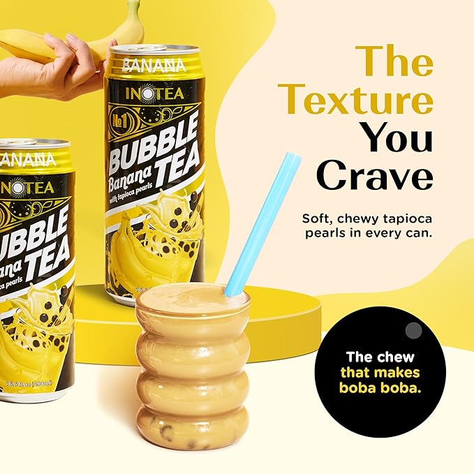 Inotea Bubble Tea with Tapioca Pearls - Delicious Instant Boba Tea - Ready-to-Drink Black Milk Tea - Comes in Large 16.6 oz Cans - Enjoy Real Boba Without the Long Lines - Banana - 12 pack