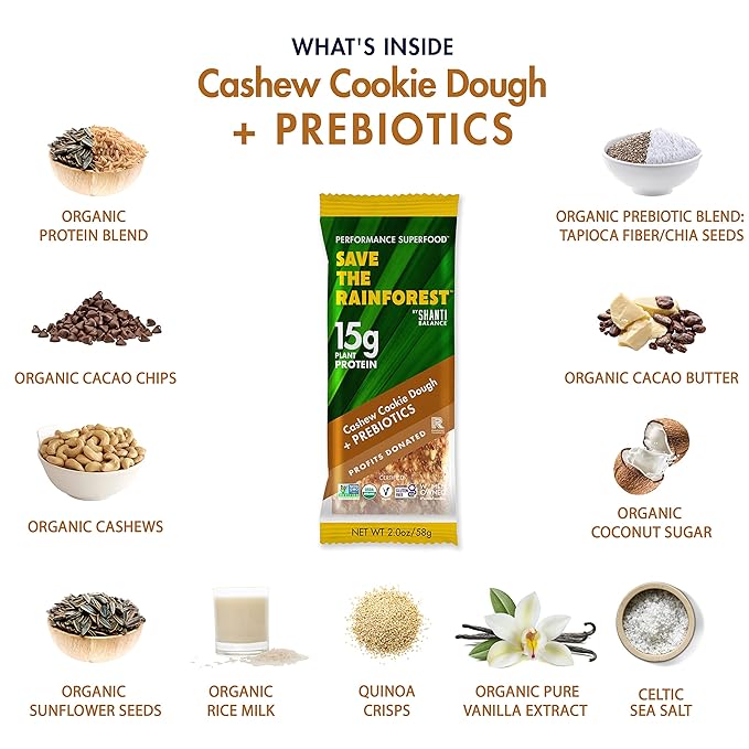 SHANTI BALANCE | Gut Health Cashew Cookie Dough | 17G Plant Based Protein | Organic Gluten Free Superfood | Immunity Boosting | Performance Nutrition | 12 Count 2 oz Bars
