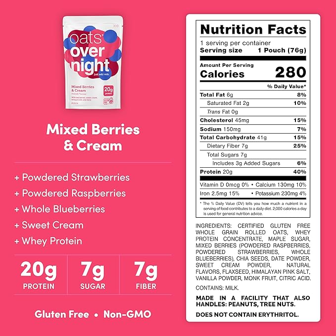 Oats Overnight Mixed Berries &amp Cream - Overnight Oats with 20g Protein High Fiber Breakfast Protein Shake - Gluten Free Oatmeal Non GMO High Protein Oatmeal (2.8 oz per meal) (8 Pack)