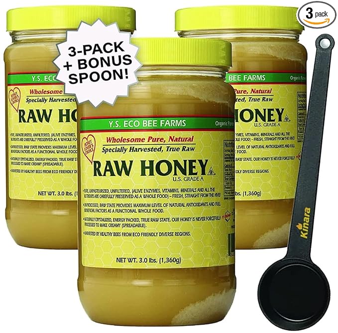 YS Eco Bee Farms Pure Raw Honey - Raw Unfiltered Honey Unpasteurized Honey - Kosher 3lbs - Bulk 3-PACK with Kinara Honey Scoop