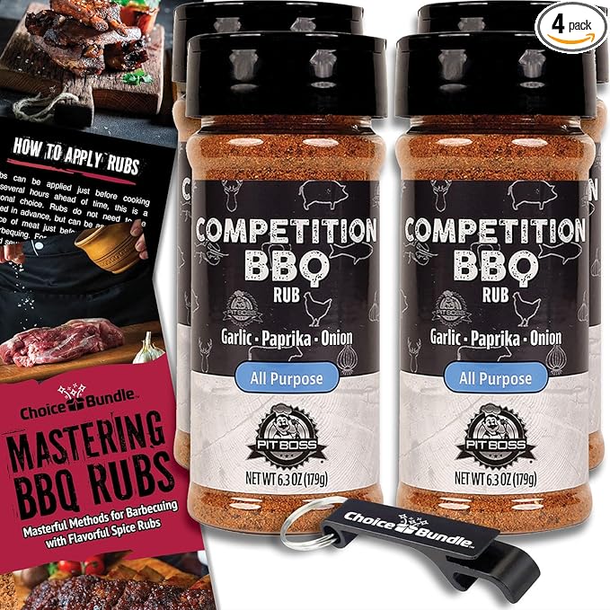 Pit Boss Competition BBQ All Purpose AP Premium Barbecue Mixed Seasoning Spice &amp Rub 4 pk Choice Bundle (25.2 oz) + Guide &amp Keychain Bottle Opener (6 Items)!