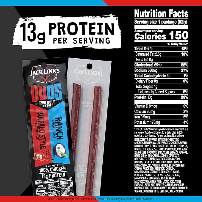 Jack Link's DUOs Chicken Jerky Meat Snack Sticks with 13g Protein - Frank's RedHot Buffalo Style With Creamy Ranch Made with 100% Chicken Two Flavors in One Package 1.84oz (10 Pack of 2 Sticks)