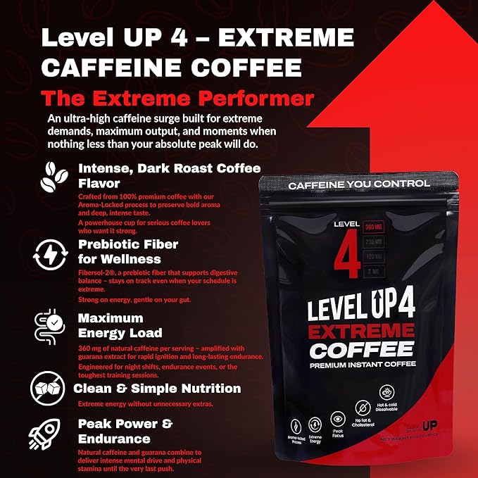 Level Up Premium Decaf Instant Coffee Sugar Free 30 Servings 10.58 oz (L4 - EXTREME 360MG)