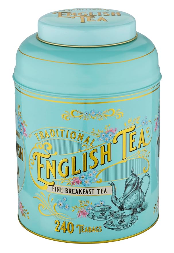 New English Teas Vintage Victorian Tea Tin with 240 English Breakfast Teabags for Tea Lovers Forget Me Not Florals &amp Classic Tea Set Design