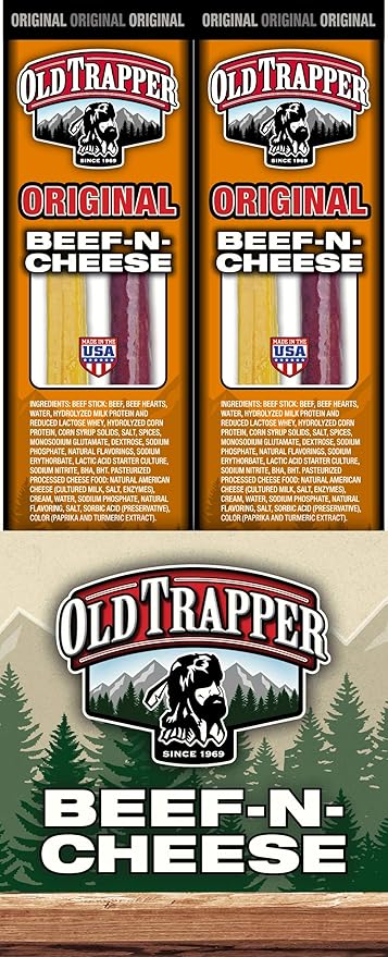 Old Trapper Beef-N-Cheese Original 1.3-Ounce Individual Package Savory Beef Stick and American Cheese Snack Pack Great Snack for Lunch Boxes or Between Meals (Pack of 14)