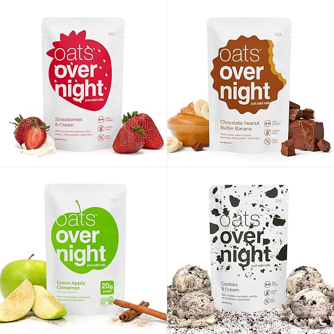 Oats Overnight Classic Variety Pack - High Protein High Fiber Breakfast Protein Shake - Gluten Free Oatmeal Non GMO Oatmeal - Green Apple Cinnamon Cookies &amp Cream &amp More (8 Pack + Shaker Bo