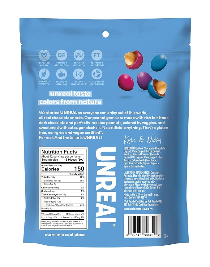 UNREAL Dark Chocolate Peanut Gems | Vegan with Colors from Nature | Fair Trade Non-GMO &amp Gluten Free Ingredients | No Sugar Alcohols or Soy (Dark Peanut Gems 1 Value Bag (Pack of 3))
