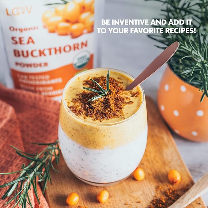 LOOV Organic Sea Buckthorn Berry Powder High in Fiber Omegas Vitamin C Vitamin E Made from Whole Berries 4 Oz Grown in Nordic Climate 23-Day Supply No Added Sugar Non-GMO