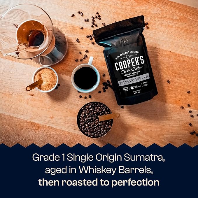 Whiskey Barrel Aged Coffee Single-Origin Sumatra Beans Aged in American Malt Whiskey Barrels Medium Dark Roast Whole Bean 12 oz