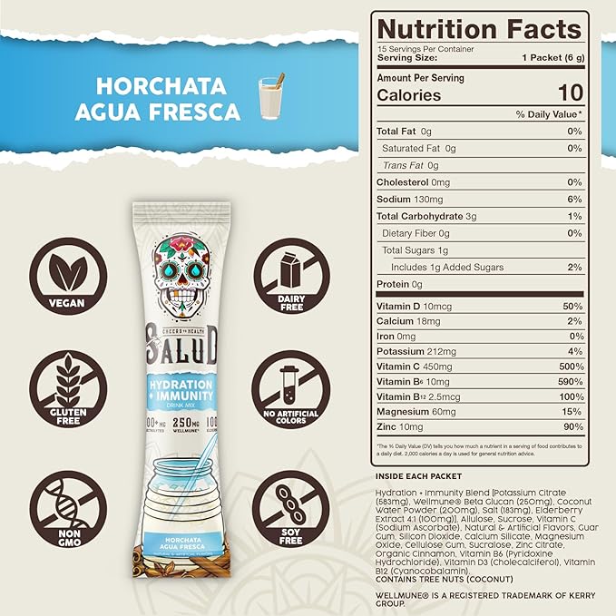 Salud 2-in-1 Hydration Packets + Immunity Electrolytes Powder Horchata - Agua Fresca Drink Mix Elderberry Dairy &amp Soy Free Non-GMO Gluten Free Vegan Low Calorie 1g Sugar (15 Servings)