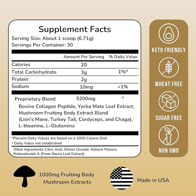 MycoMate Lifted Lemonade Instant Yerba Mate Powder with 4 Functional Mushrooms Collagen &amp Adaptogens Clean Energy Drink Mix for Focus Gut Health &amp Immunity No Sugar 30 Servings