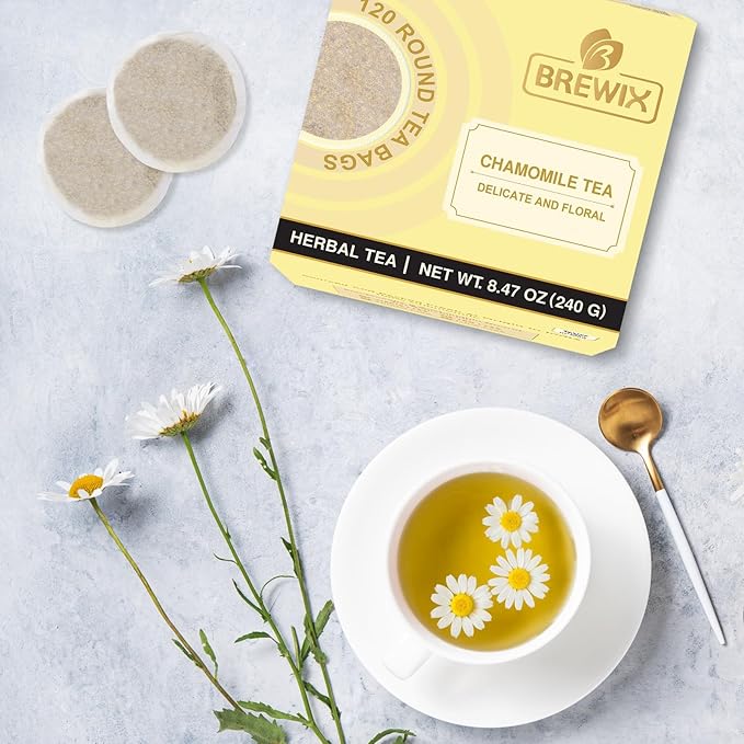 BREWIX Chamomile Tea (120 Round Tea Bag) | Eco-Conscious Tea Bags | Stress Relief Relaxing Calming Supports Healthy Digestion | Caffeine Free | Premium Natural Camille Tea | Herbal Tea