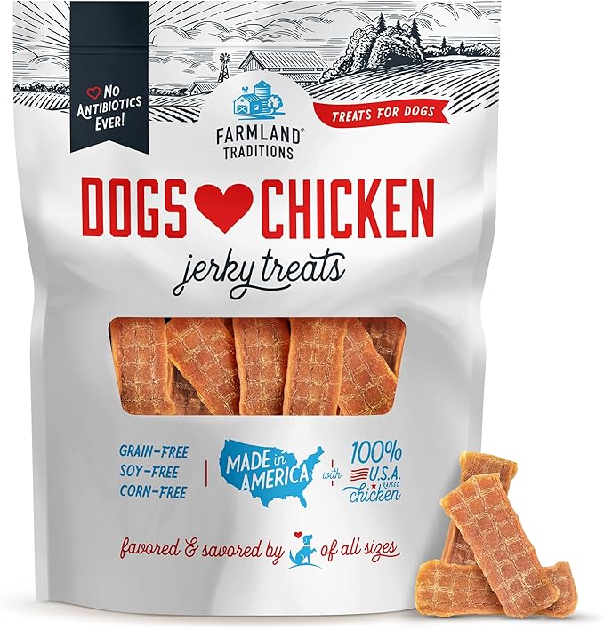 Farmland Traditions Dogs Love Chicken Jerky Dog Treats Premium Two-Ingredient Dog Jerky with USA-Raised Chicken &amp No Antibiotics Ever 3 Pound (Pack of 1) Bag.