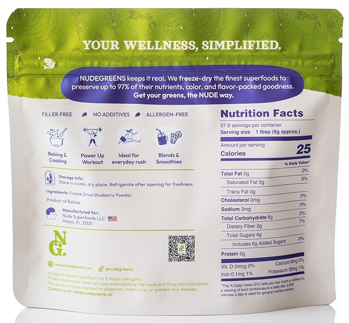 NUDEGREENS Freeze-Dried Blueberry Powder | Pure Antioxidant Superfood | Vitamin C &amp Fiber | 8 oz | For Smoothies Juices Yogurt &amp Healthy Recipes | 100% Natural Vegan No Added Sugar &amp G