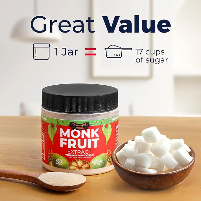 100% Monk Fruit Extract (90X Sweeter Than Sugar) Monk Fruit Sweetener No Erythritol Sugar Substitute Zero Calories Zero Glycemic Non-GMO 25% Mogroside V - Transparency Foods (1.5oz 850 servings)