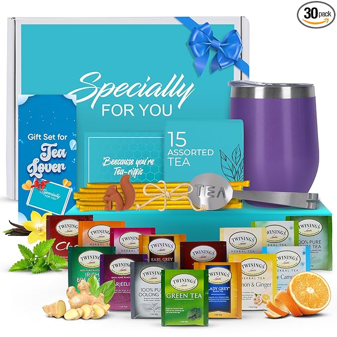 Modern Elegance Tea Gift Set Includes 15 Teas Stainless Steel Tumbler Honey Straws Tea Spoon Squeezer Squirrel Tea Bag Holder (Purple)