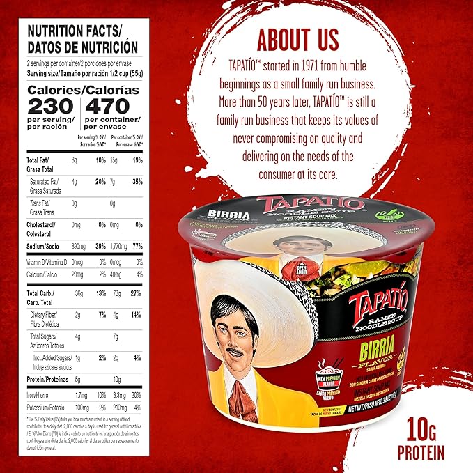 Tapatío Ramen Noodle Soup Birria Flavored - Microwaveable Big Bowl 3.88 oz. (110g) 6-Pack