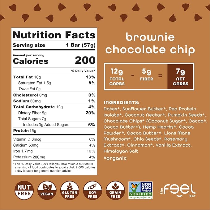 Feel Vegan Protein Bars Focus Lion’s Mane Dairy Nut Grain Soy Free 15g Plant Protein Adaptogenic Snack Organic Low Sugar Low Carb Gluten Free Brownie Chocolate Chip 10 Pack