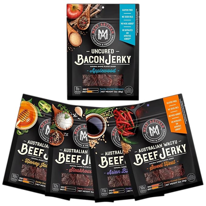 Meat Artisan Jerky Variety Pack - Wagyu Beef (4 Flavors) &amp Applewood Bacon High Protein Snack - Gluten Free No MSG - Steakhouse Jalapeño BBQ Sweet Heat &amp Applewood Bacon - 3oz (85g) Each P