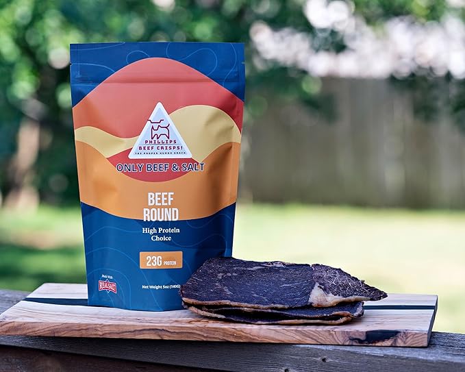 Phillips Beef Crisps - Lean Round - Only Beef &amp Salt - Zero Carbs - Zero Sugar - High Protein Meat Snacks - 23g Protein