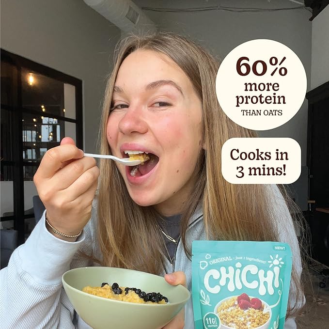 ChiChi Protein Hot Cereal Made with Chickpeas | Original (Plain) (8.8 oz x 4 pouches 20 servings) —Protein-packed (11g) High Fiber 0g Added Sugar Made with Simple Ingredients Grain Free Gluten F