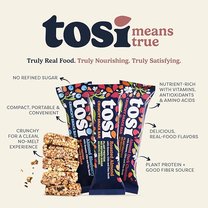 Tosi Almond Variety Pack Protein Bars Plant Based with Nuts Gluten-Free Crunchy Snacks Vegan Organic Flax &amp Chia Seeds Soy-Free Omega 3s 5G Protein 1 oz 12-Pack