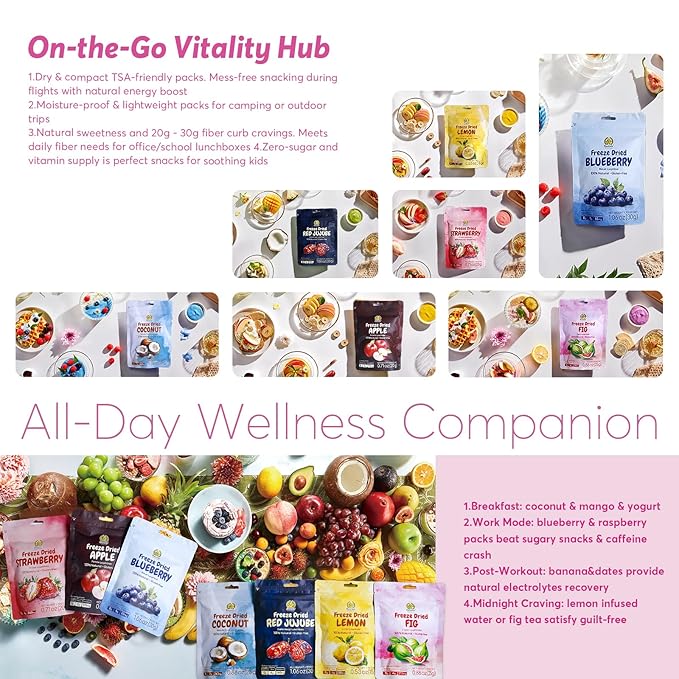 SUNGIVEN Freeze Dried Fruit Mixed for Beauty Variety Pack of 12 Bag 7 Kinds of Fruit Health Snack Rich in Vitamins Apple Strawberry Blueberry Lemon Coconut Fig Red-Dates No Sugar Added 9.7 oz