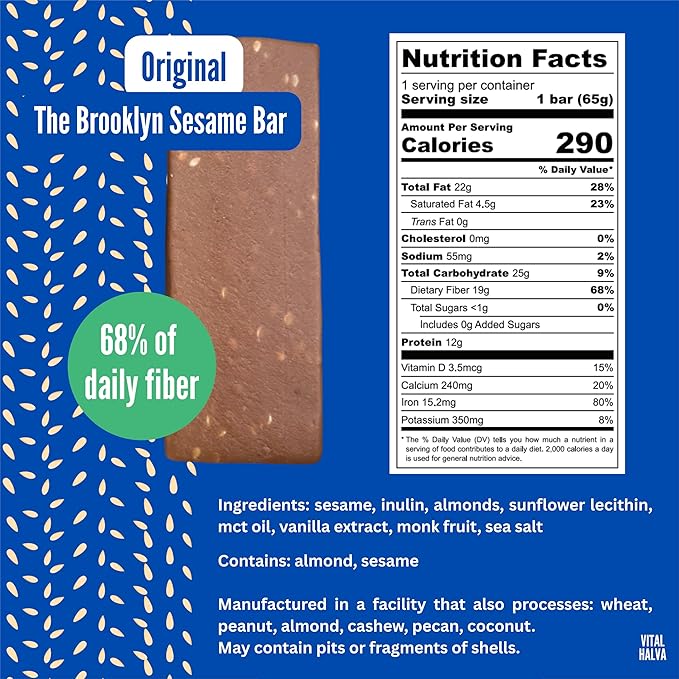 Vital Halva Gut-Friendly Sesame Bar 19g Fiber 12g Protein &lt1g Sugar Gluten-Free Vegan Snack - Original 65g (Box of 10)