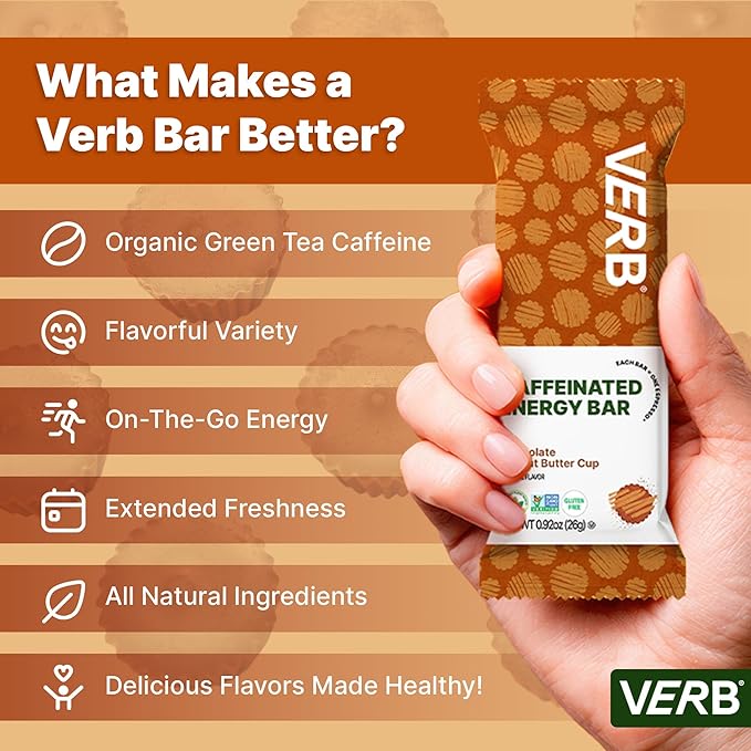 Verb Caffeinated Energy Bars Chocolate Peanut Butter Cup (26g Pack of 16) 110-Calorie Delicious Energy Bar Gluten Free On-the Go Snack with 80mg Green Tea Caffeine Only Real-Food Ingredients