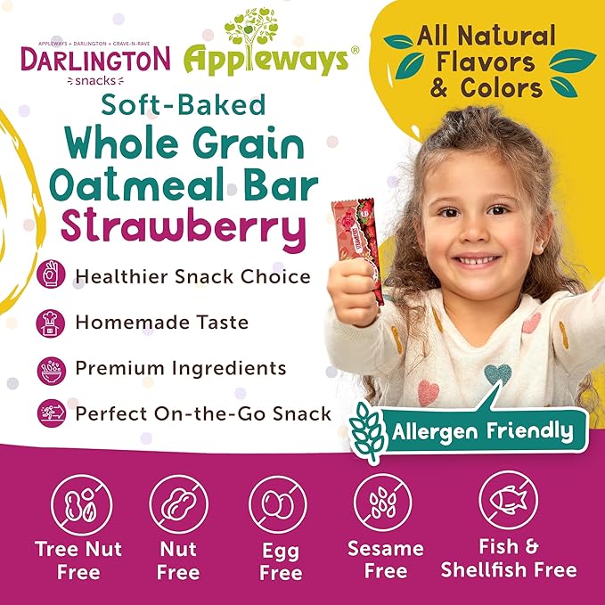 Appleways Strawberry Oatmeal Bars 2.4 oz 160 Count - Individually Wrapped Whole Grain Soft Baked Oat Snack Bars Healthy and Nut-Free Breakfast Bar Snacks for On the Go Made in USA (24 lbs Total)