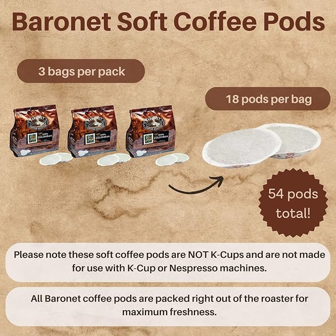 Baronet Coffee Pods [100% Colombian - 54 Pods] Single Cup Use for Senseo Coffee Machine - 3 Bags of 18 Single Serve 8 Gram Regular Strength Medium Roast [100% Colombian]