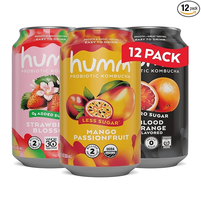 Humm Kombucha Sampler Pack Includes Original Mango Passionfruit Kombucha Zero Sugar Blood Orange Whole30 Approved Strawberry Blossom (Pack of 12)