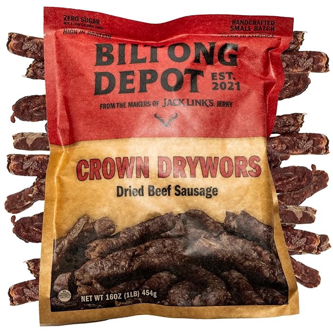 Biltong Depot Crown Drywors - 1lb (16oz) | Air-Dried Beef Snack Sticks | High Protein | Paleo and Keto Friendly | Zero Sugar | Gluten Free | No Nitrates | South African Droewers