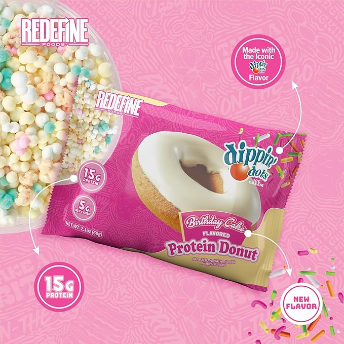 Redefine Foods Dippin' Dots Protein Donut - 8 Count - Birthday Cake Flavor - 15g of Protein Per Serving - No Artificial Ingredients