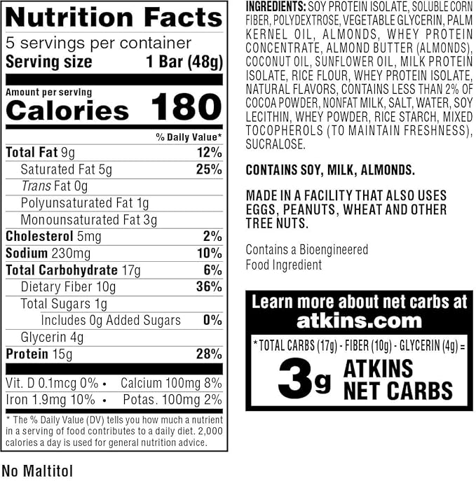 Atkins Chocolate Almond Caramel Protein Meal Bar High Fiber 15g Protein 1g Sugar 3g Net Carbs Meal Replacement Keto Friendly 8 Count