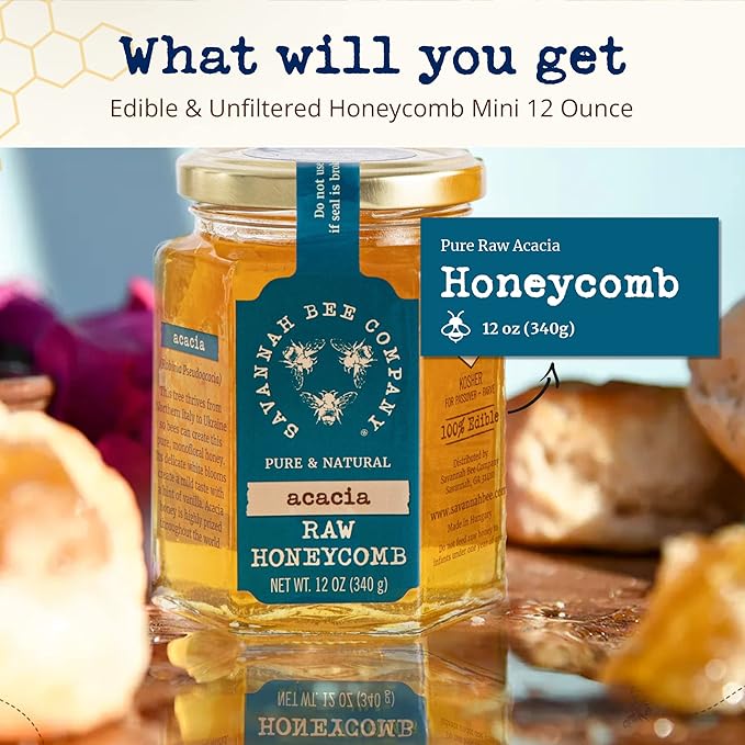 Savannah Bee Company Pure Raw Acacia Honeycomb - All Natural Unfiltered Honeycomb (12 Ounce Hexjar)