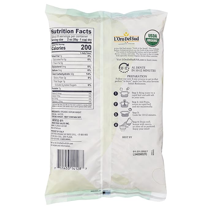 Organic Shells Pasta (16 oz x 20 Pack) Italian Pasta Durum Wheat Premium Quality Product of Italy L'Oro del Sud