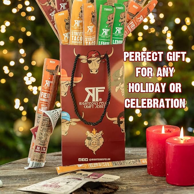 Righteous Felon Beef Jerky + Meat Sticks Variety Gift Basket - Great Gifts for Men | Gluten Free High Protein Healthy Snack | Beef Pork &amp Turkey Jerky Variety Snack Pack | The Gift Bag Pack