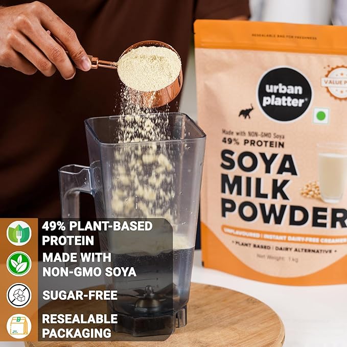 Urban Platter Soya Milk Powder | 35.27 Oz (1kg) | 49% Plant Protein | Unflavored Soy Milk for Coffee Tea Smoothies Baking &amp Cooking | Non-GMO Dairy-Free Vegan