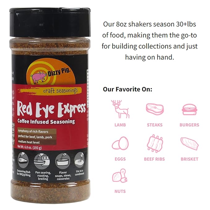 Dizzy Pig Red Eye Express Coffee-Infused Seasoning Rub (8oz Shaker) - Seasons 30+lbs of Food - Hand Made in the USA - MSG Free Gluten Free (Pack of 2)