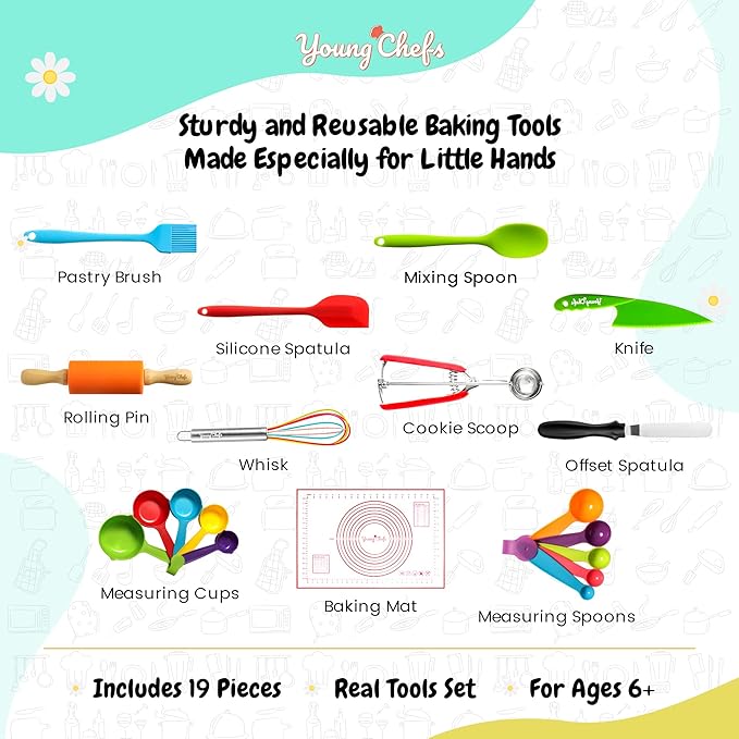 Young Chefs Cooking and Baking Set for Kids – 19 Pieces Real Baking Set – Giftable Sets for Girls and Boys – Stocking Stuffers for Kids Cooking Sets Real 8-12 Years