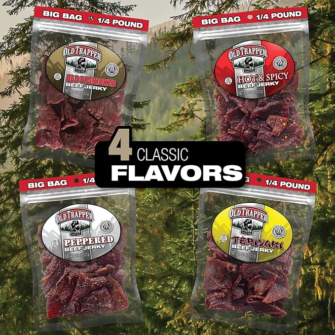 Old Trapper Beef Jerky Old-Fashioned 1/4-Pound Individual Package Tender Meat Snacks for Lunches or Between Meals 11 Grams of Protein Zero Grams of Fat 70 Calories per Serving (Pack of 8)
