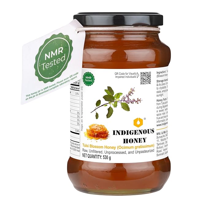 INDIGENOUS HONEY Tulsi Basil Honey Raw Natural Pure Unprocessed NMR Tested Unpasteurized Unheated 530g Glass Jar Pack of 1