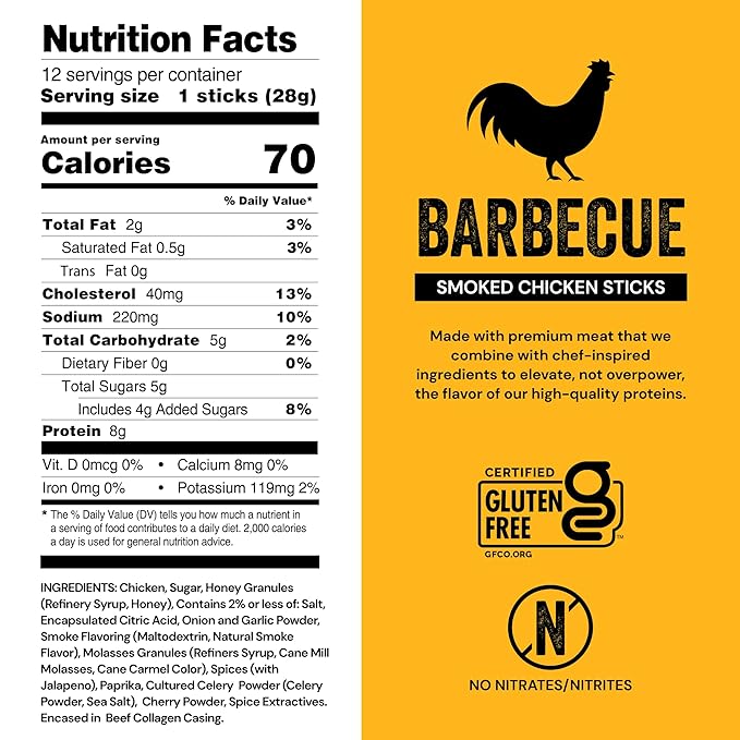 Chef’s Cut Real Chicken Snack Sticks | High Protein Meat Snack Sticks with 8g Protein &amp 70 Calories Gluten Free Keto-Friendly | Barbecue Flavor | 1 oz Stick (12-Count Bag) Individually Wrapped