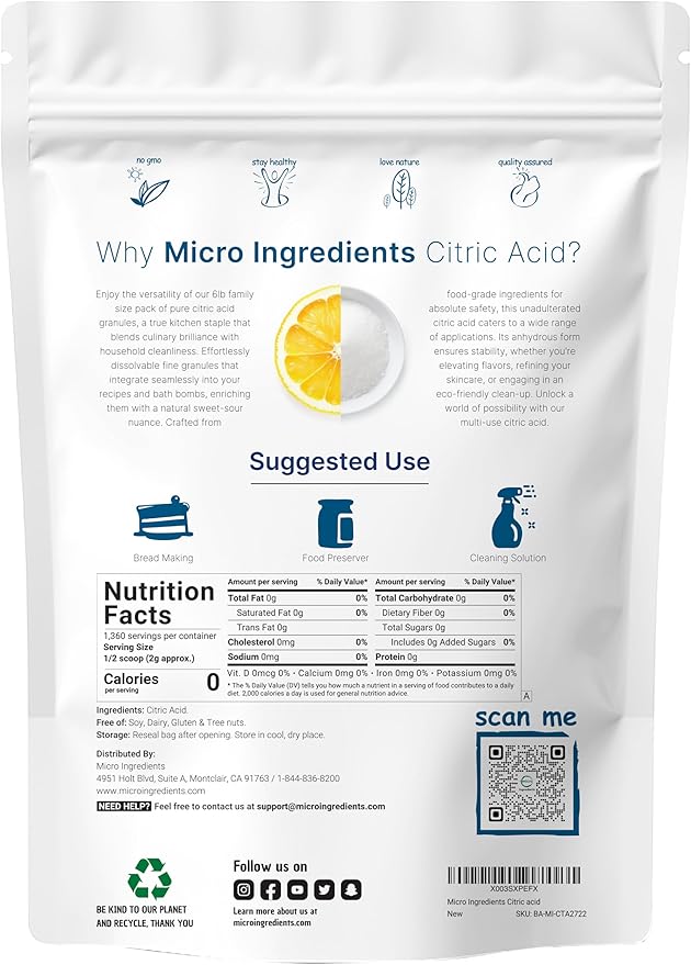 Citric Acid 6 Pounds Food Grade Fine Granular Powder | 100% Pure Concentrated Anhydrous Form | Natural Preservative + Great for Cooking Cleaning &amp DIY Bath Bombs | Non-GMO