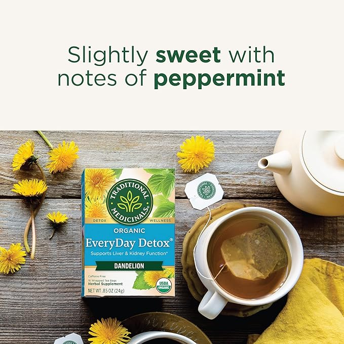 Traditional Medicinals Tea Organic EveryDay Detox Dandelion - Supports Healthy Liver &amp Kidney Function Detox - Kosher Non-GMO Caffeine-Free - 96 Tea Bags (6 Pack)