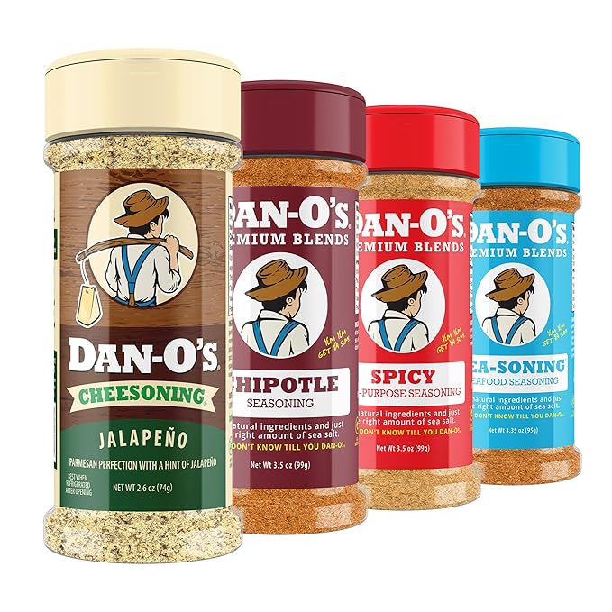Dan-O's 4 Bottle Seasoning Set Small Bottles 4 Pack Includes Spicy Chipotle SEA-soning and Jalapeño Cheesoning Seasonings Sugar Free Zero Calorie Seasoning Kit for Meat Popcorn or Sauce